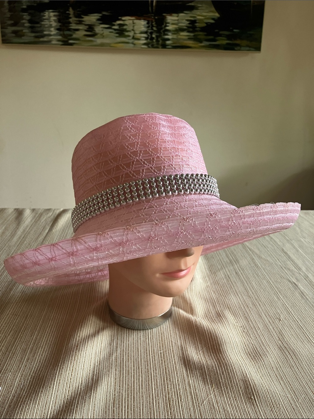 Elegant Pink Wide-Brim Hat With Decorative Silver Beaded Band